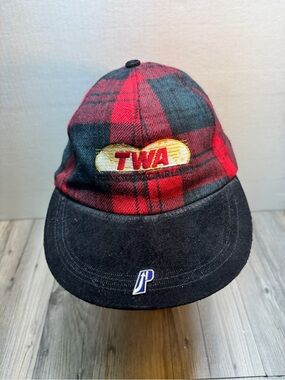 Vintage Trans World Airlines (TWA) Adult cap Hat red black plaid Adjustable